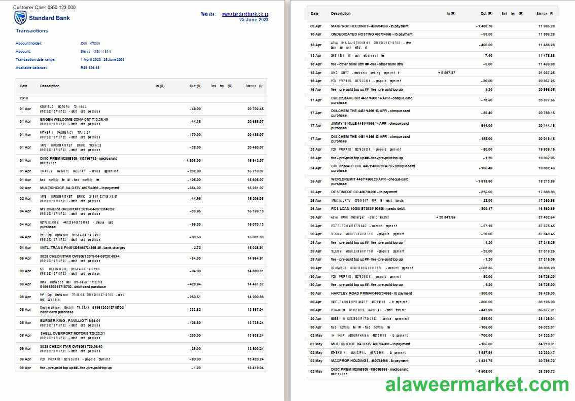 South Africa Standard Bank statement Word and PDF
